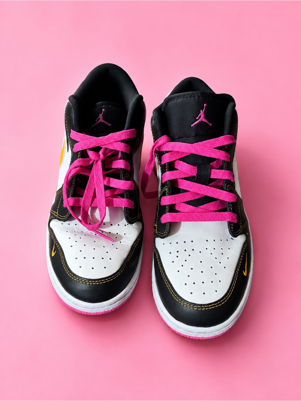 Jordan Kids Low-Top Sneakers in Black, White & Pink with Yellow Accents